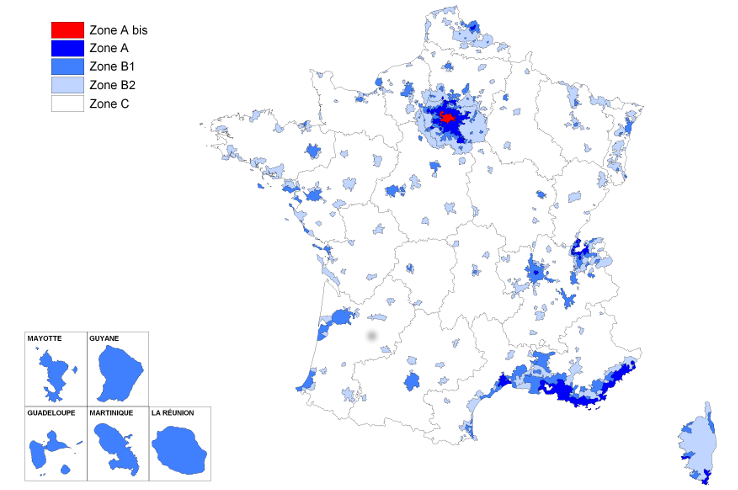 Loi Pinel : Notez aussi que le territoire français a été découpé en diverses zones qui correspondent à  différents niveaux d'application de la loi