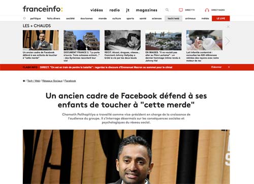 Un ancien cadre de Facebook défend à ses enfants de toucher à "cette merde"